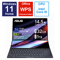 ASUS(エイスース) ノートパソコン Zenbook Pro 14 Duo OLED (UX8402) テックブラック UX8402VU-P1024W ［RTX 4050/14.5型/Windows11 Home/intel Core i9/メモリ：32GB/SSD：1TB/WPS Office/日本語版キーボード/2023年5月モデル］
