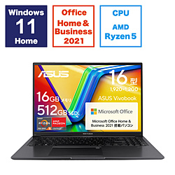 ASUS(鳐鱼休)笔记本电脑Vivobook 16因迪黑色M1605YA-MBR5165BKSWS[16.0型/Windows11 Home/AMD Ryzen 5/存储器:16GB/SSD:512GB/Office HomeandBusiness/日本語版键盘/2023一年5月型号]
