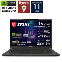 ゲーミングノートパソコン (RTX 4070)Stealth-A16-AI+A3XVGG-6303JP コアブラック ［16.0型 /Windows11 Pro /AMD Ryzen AI 9 /メモリ：32GB /SSD：1TB /無し /日本語版キーボード /2024年10月モデル］