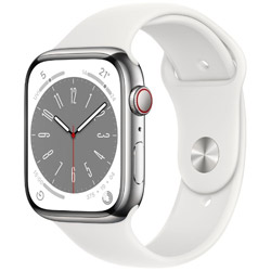 Apple Watch Series 8（GPS + Cellularモデル）- 45mmシルバーステンレススチールケースとホワイトスポーツバンド - レギュラー  シルバーステンレススチール MNKE3J/A