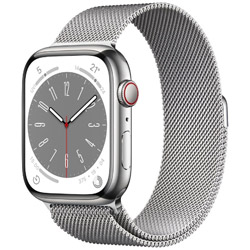 Apple Watch Series 8（GPS + Cellularモデル）- 45mmシルバーステンレススチールケースとシルバーミラネーゼループ  シルバーステンレススチール MNKJ3J/A