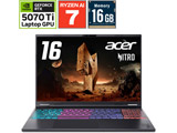 AN16S-61-A76Z57T/E �Q�[�~���O�m�[�g�p�\�R�� Nitro(RTX 5070 Ti) �I�u�V�f�B�A���u���b�N �m16.0�^ /Windows11 Home /AMD Ryzen AI 7 /�������F16GB /SSD�F1TB /�p��ŃL�[�{�[�h /2025�N9�����f���n