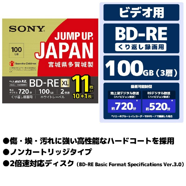 【限定販売】 ソニー(SONY)　10枚　ビデオ用ブルーレイディスクBD-RE　3層　2倍速　1枚