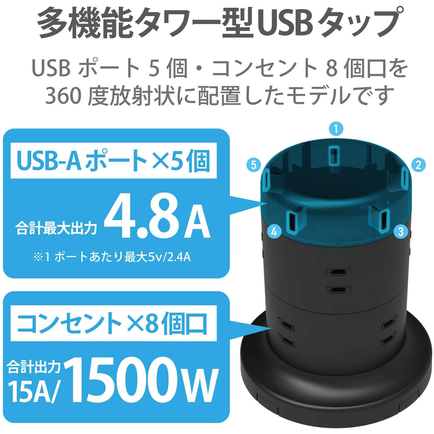 タワー型タップ/縦型タップ/8個口/雷サージ付/2.0ｍ TT-U01-0820BK ［2.0m /8個口 /スイッチ無 /5ポート ］｜の通販はソフマップ[sofmap]