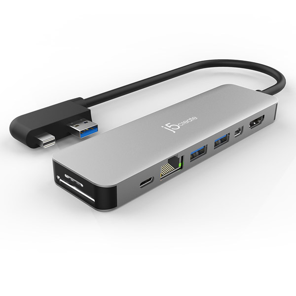 Surface Pro 6/5/4用［USB-A / Mini DisplayPort オス→メス カードスロットｘ2 / HDMI / Mini  DisplayPort / LAN / USB-Aｘ2 / USB-C］ドッキングステーション シルバー JDD321S