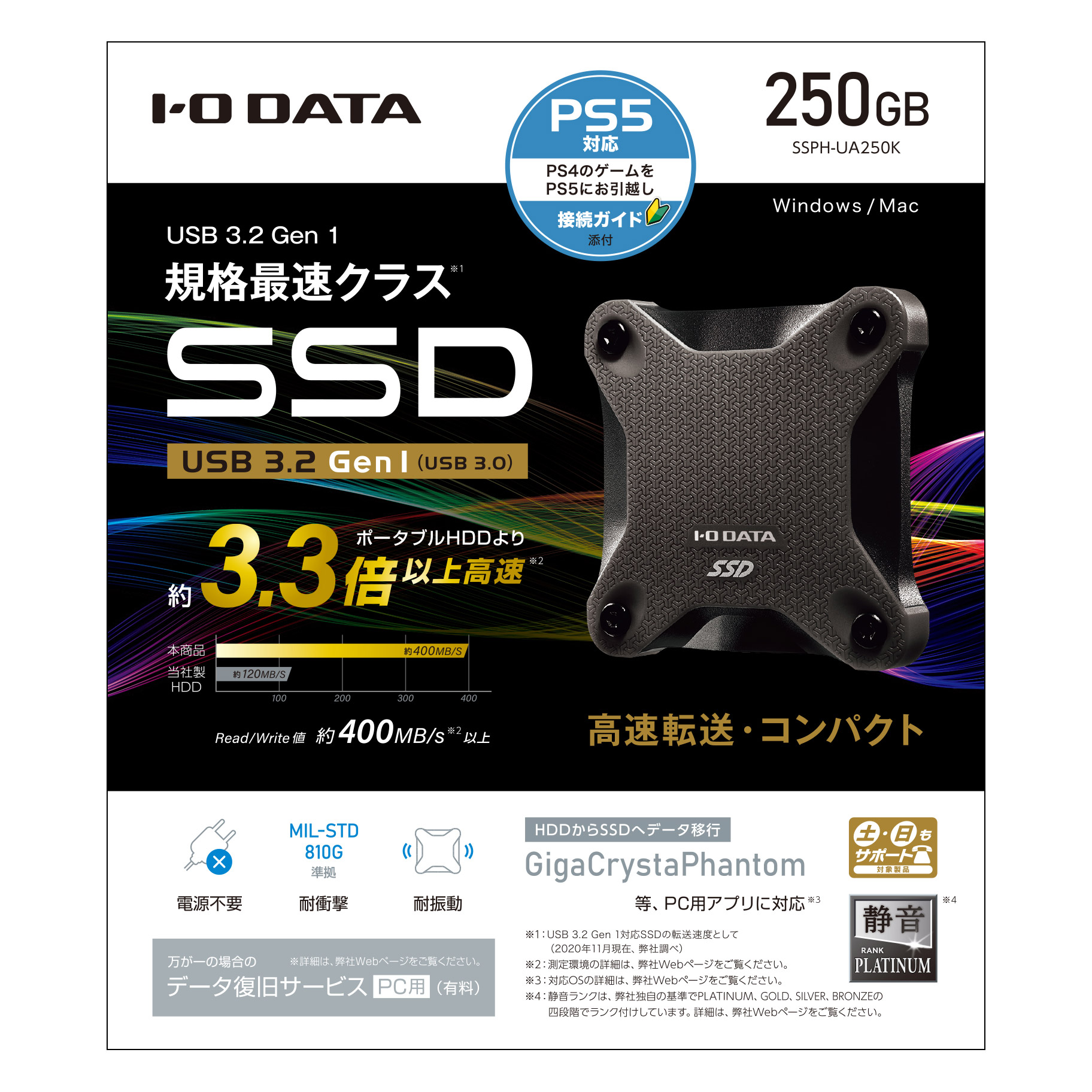 SSPH-UA250K 外付けSSD USB-A接続 (PS5/PS4対応) スモーキーブラック ［250GB /ポータブル型］