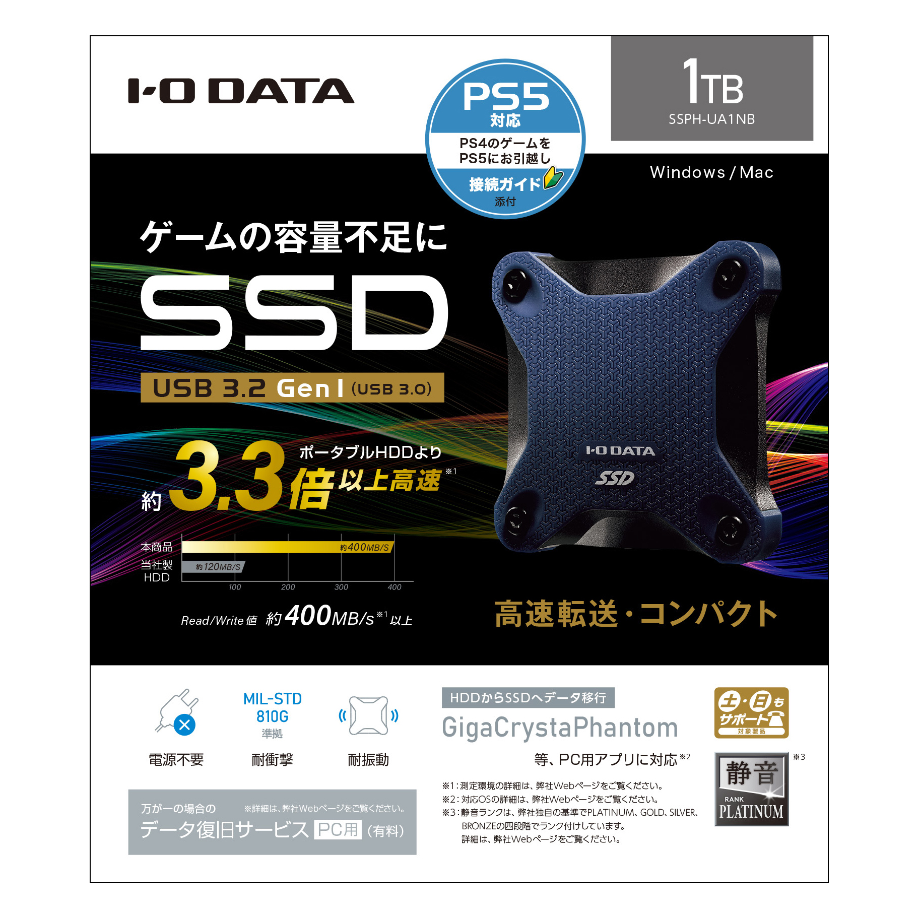 SSPH-UA1NB外置型SSD USB-A连接(PS5/PS4对应)千禧年深蓝色[1TB/手提式