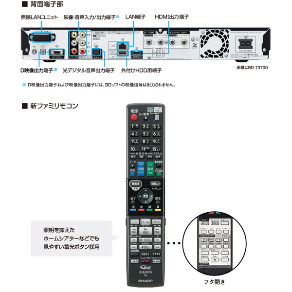 3番組同時録画/BD-T2700/シャープBD/大容量2TB/ドラ丸/純正リモ付