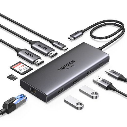 USB PD対応 100W ドッキングステーション UGR-OT-000016 USB-C オス→メス カードスロットx2 / HDMIx2 / LAN / USB