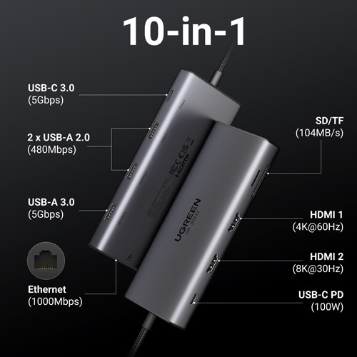 USB PD対応 100W ドッキングステーション UGR-OT-000016 USB-C オス→メス カードスロットx2 / HDMIx2 / LAN / USB