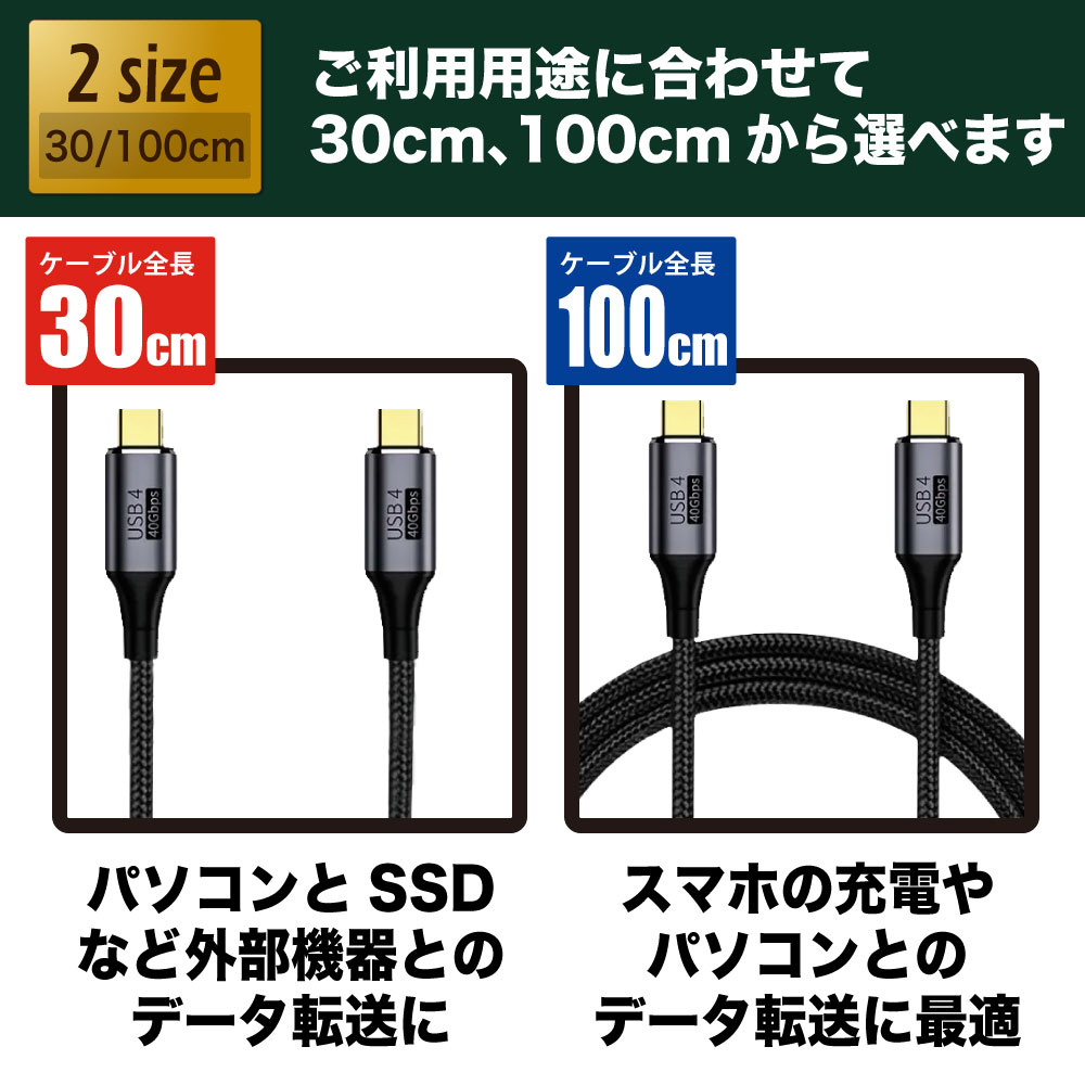 USB-C ⇔ USB-Cケーブル [充電 /転送 /0.3m /PD100W /USB4.0(40Gbps