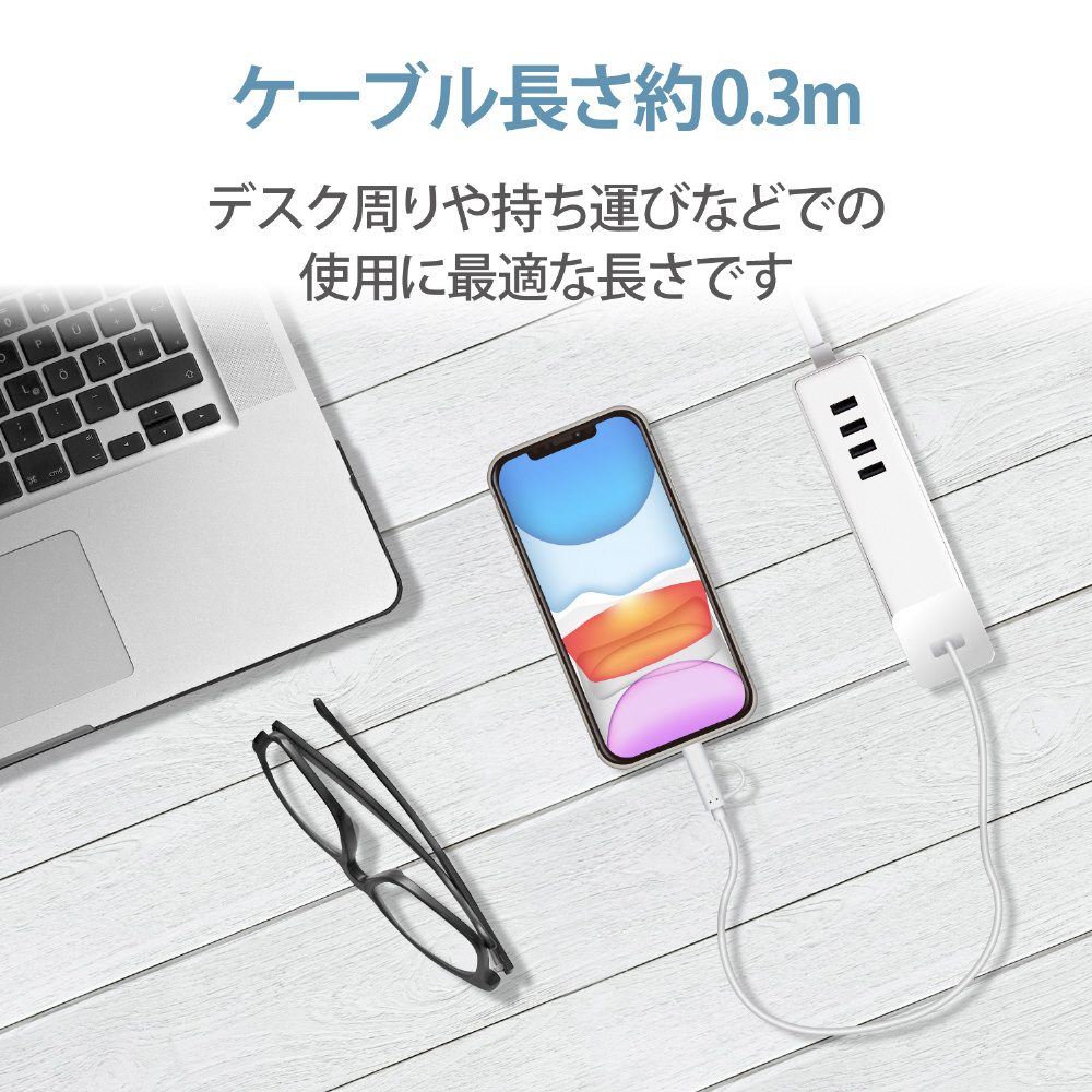 スマートフォン用USBケーブル 2in1 microUSB+Lightning 0.3m ホワイト