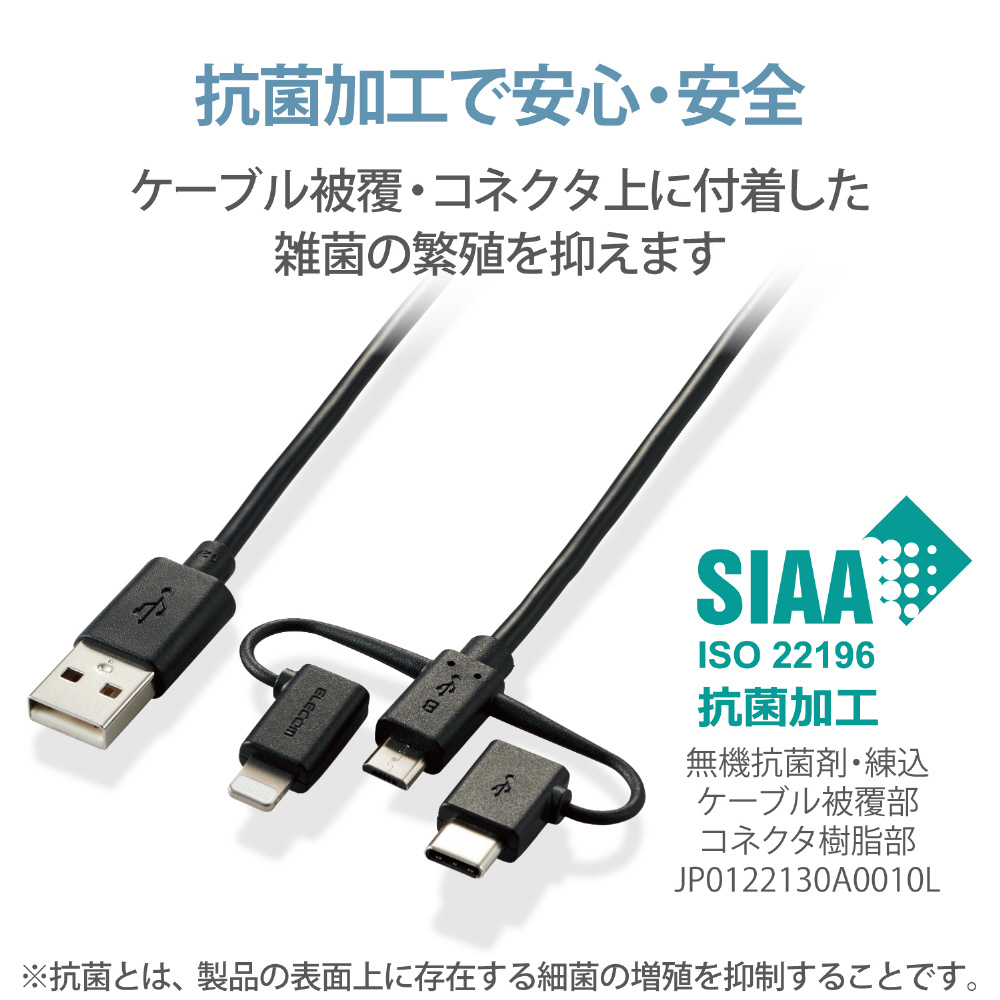 スマートフォン用USBケーブル 3in1 microUSB+Type-C+Lightning マト