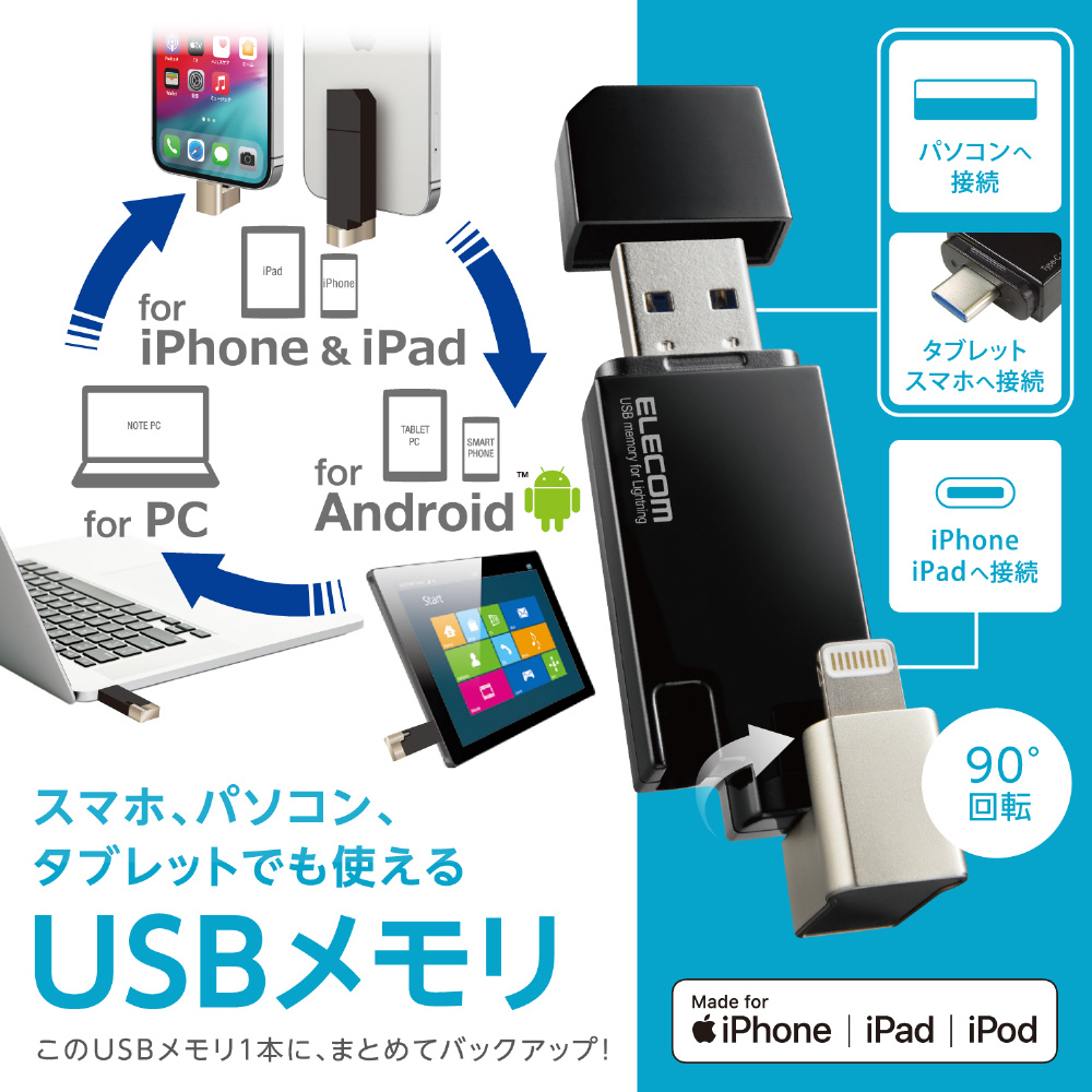 USBメモリ MFi認証(Android/iOS/Mac/Windows11対応) ブラック MF-LGU3B032GBK ［32GB /USB  TypeA＋USB TypeC＋Lightning /USB3.2 /キャップ式］｜の通販はソフマップ[sofmap]