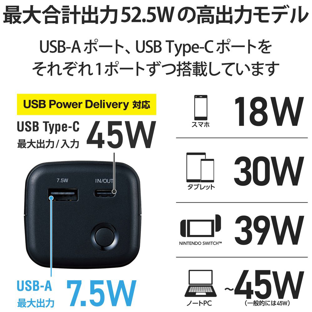 モバイルバッテリー/USB PD認証/20100mAh/Type-C×1/PSE認証 ブラック