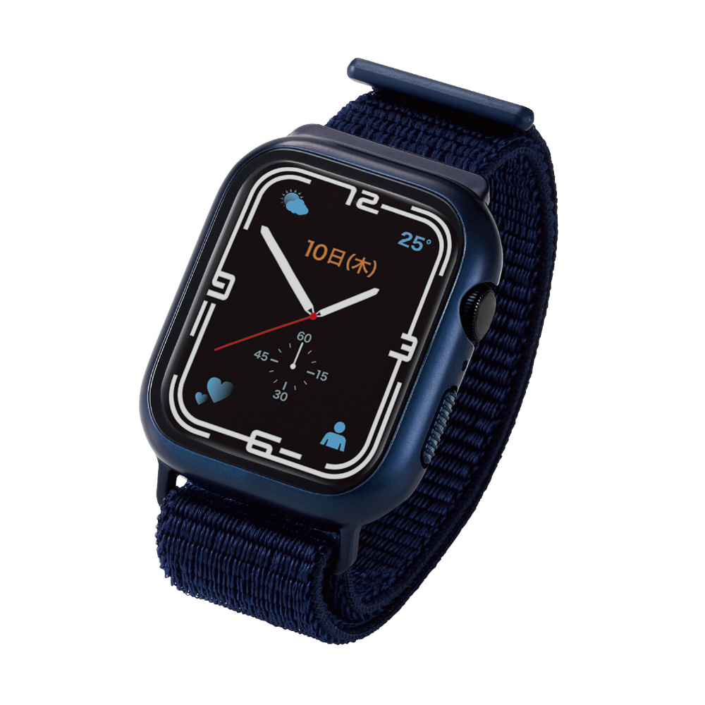 アップルウォッチ バンド 一体型 カバー ケース Apple Watch Series 45mm フルカバー ハイブリッド  強化ガラス ファブリックベルト 全面保護 液晶 側面 ケース液晶部高透明 ネイビー｜の通販はソフマップ[sofmap]