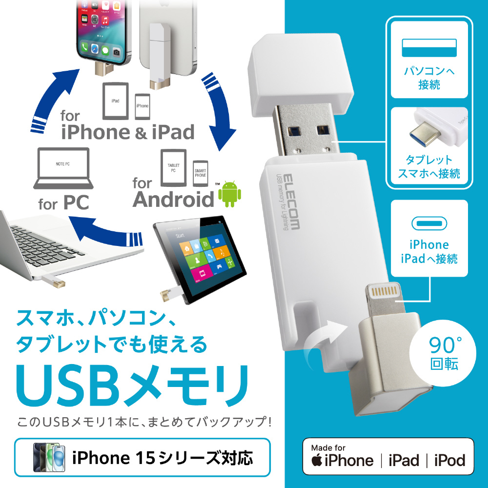 USBメモリ MFi認証(Android/iOS/Mac/Windows11対応) ホワイト MF