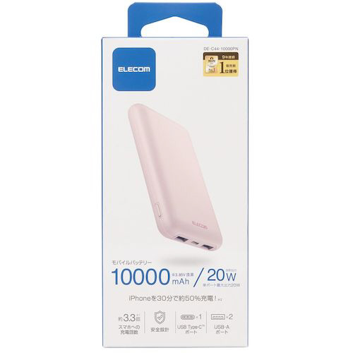 モバイルバッテリー/リチウムイオン電池/薄型/PD20W/10000mAh/USB Type-C入出力1ポート/USB-A出力2ポート/ピンク  付属ケーブル長： 0.1m DE-C44-10000PN｜の通販はソフマップ[sofmap]