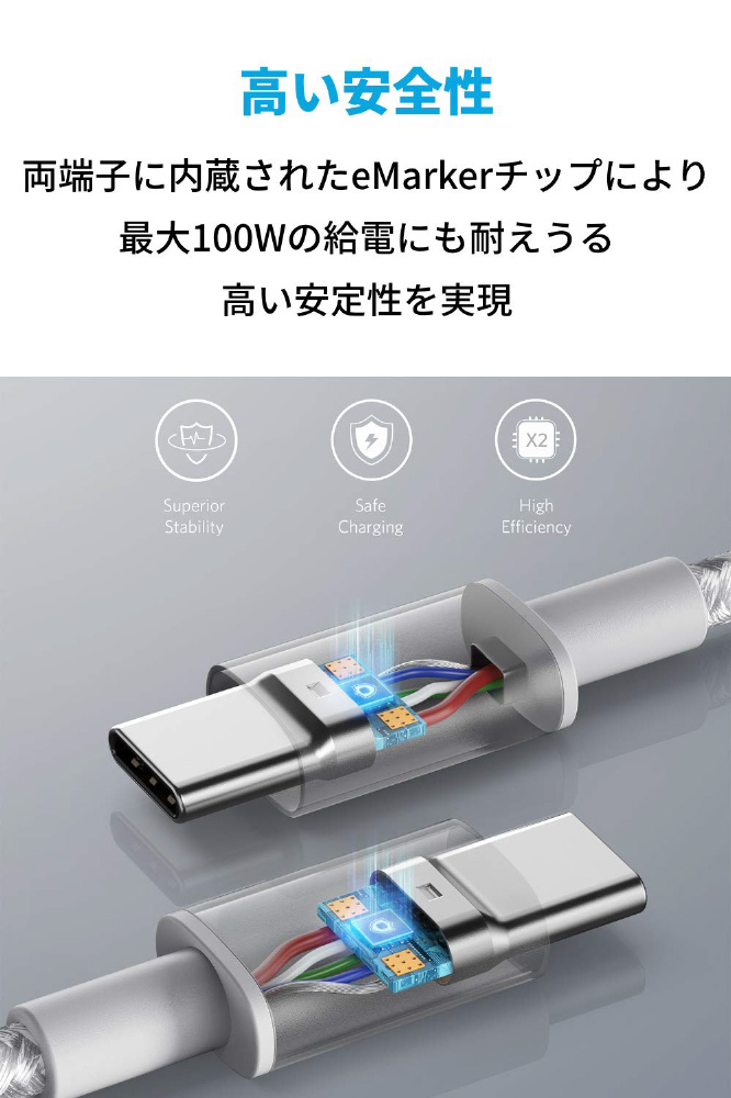 高耐久ナイロン USB-C  USB-C ケーブル 100W