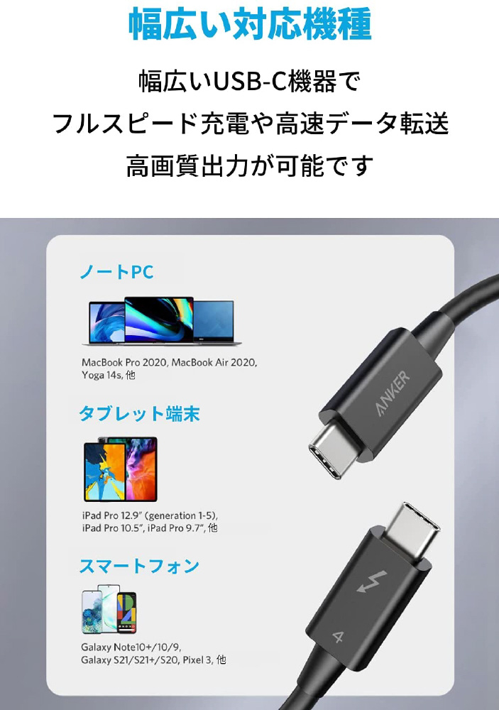 Anker USB-C & USB-C Thunderbolt 4 100W ケーブル black A8859011｜の