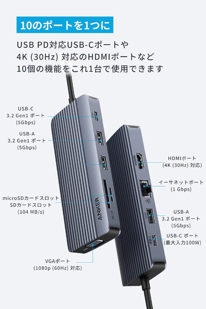 USB-C オス→メス カードスロットｘ2 / HDMI / VGA / LAN / USB-Aｘ3
