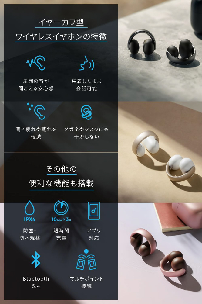 フルワイヤレスイヤホン Soundcore AeroClip ホワイト&ゴールド