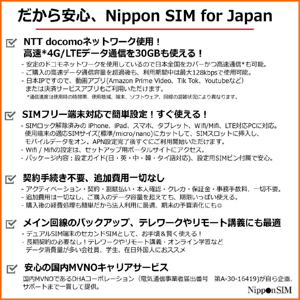 Nippon SIM プリペイドsim simカード 日本 国内 180日間 50GB NTTドコモ通信網 docomo 4G   LTE回線 3in1 データ sim SMS  音声通話非対応 デザリング可能 simフリー端末のみ対応 多言語マニュアル付