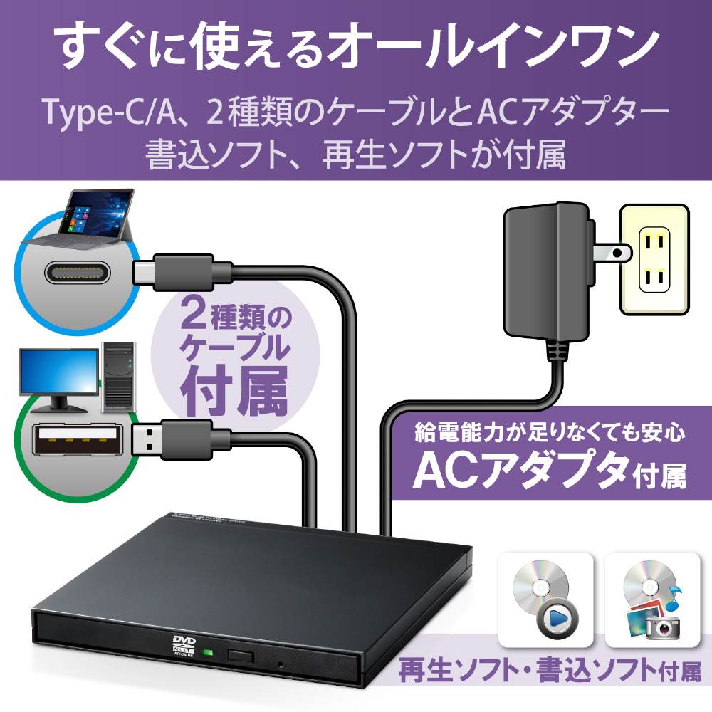 ポータブルDVDドライブ USB2.0 書き込みソフト付 Type-Cケーブル付 AC 