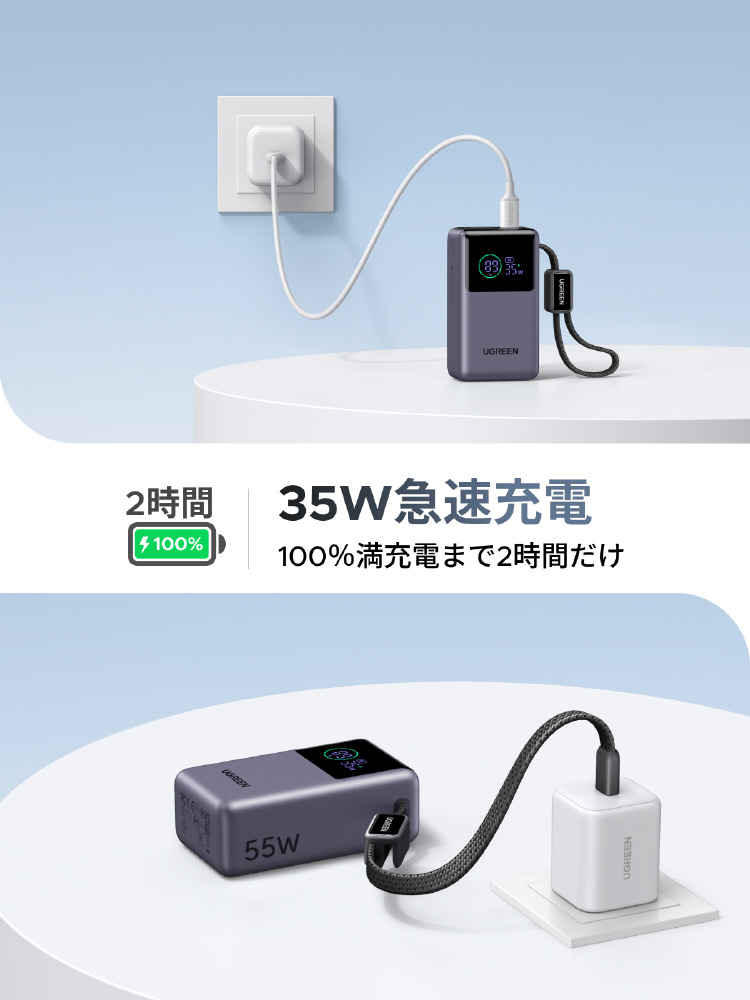 UGREEN Nexode 10000mAh USB-Cケーブル内蔵 モバイルバッテリー 55W