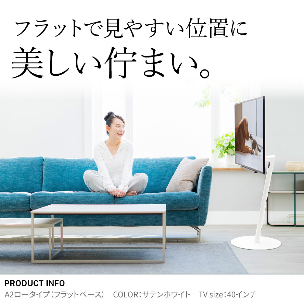 テレビスタンド WALL A2 ロータイプ（サテンホワイト・フラットベース）