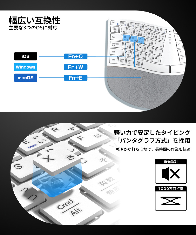 エルゴノミクスワイヤレスキーボード ホワイト NKB1301-WH 