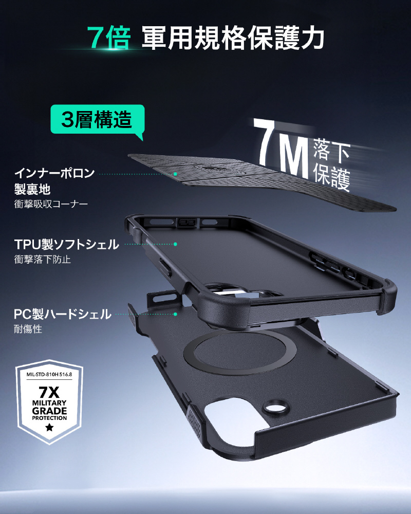iPhone 16 Plus（6.7インチ） ミリタリーグレードスタンド付