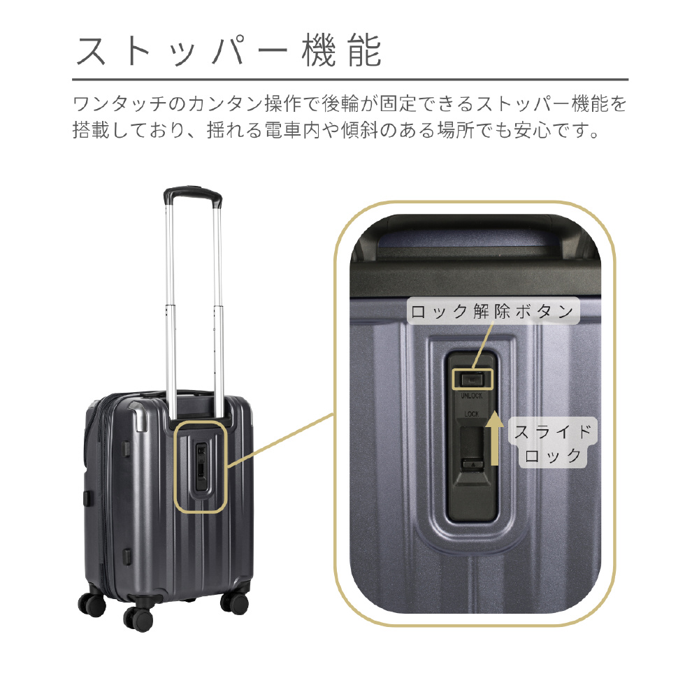 トップオープン 拡張機能付きスーツケース キャスターストッパー 機内