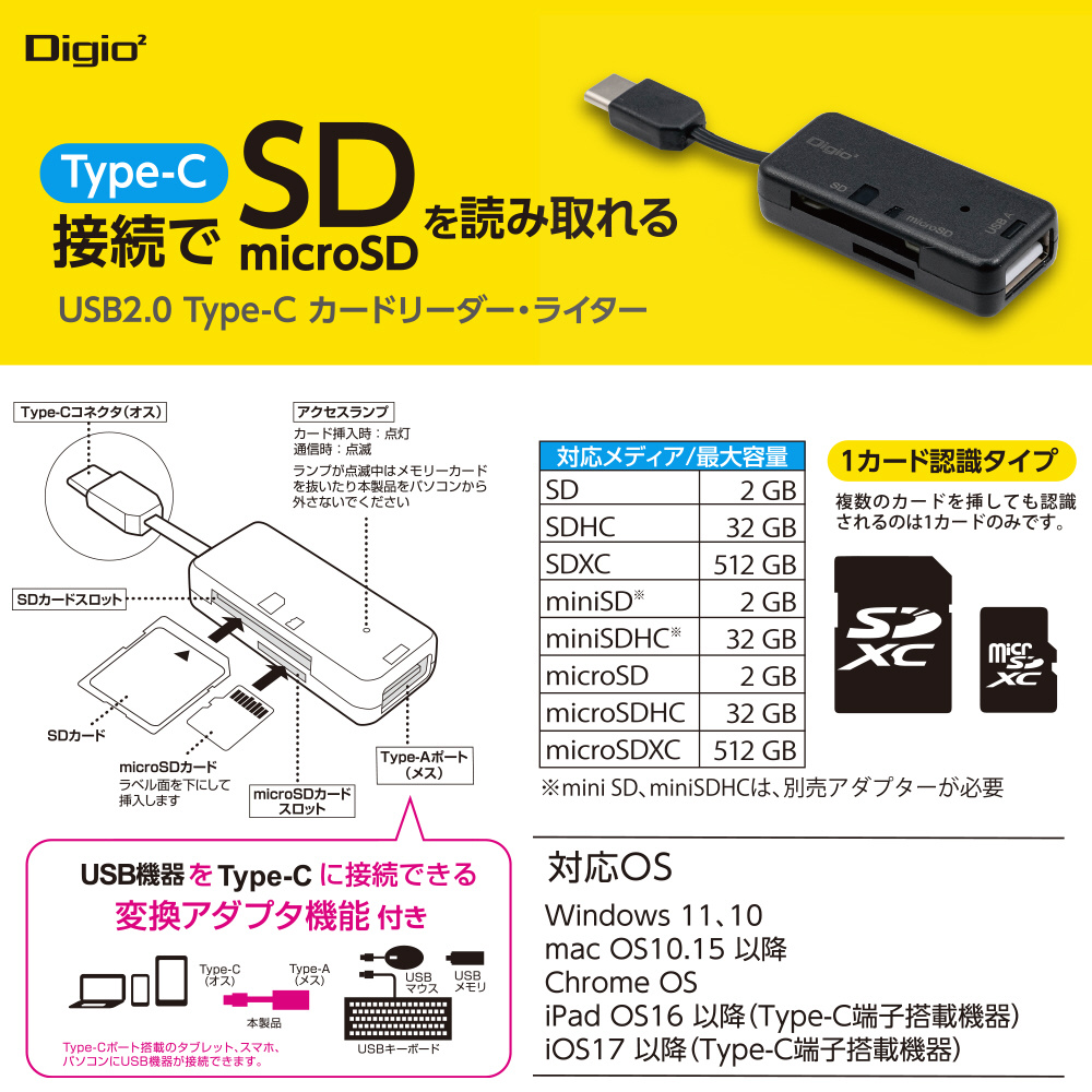 変換アダプタ機能付 USB2.0　Type-C接続SDカードカードリーダー ［USB2.0 /スマホ・タブレット対応］