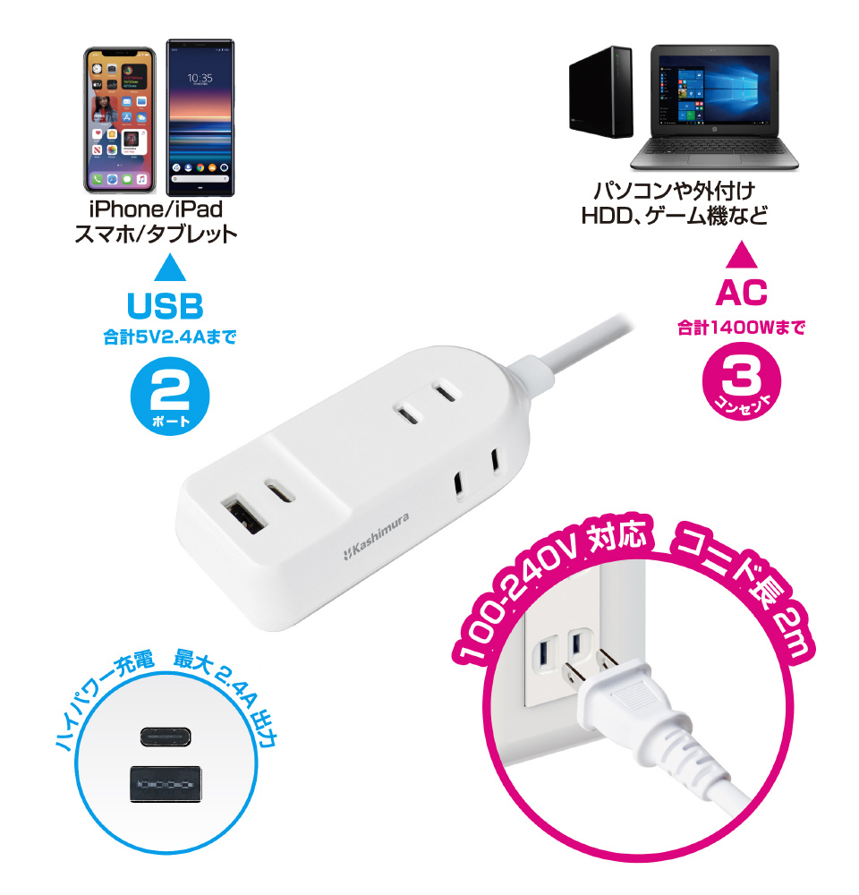 3口のACコンセント、USB Type-C 1ポート+USB-A 1ポート搭載電源タップ