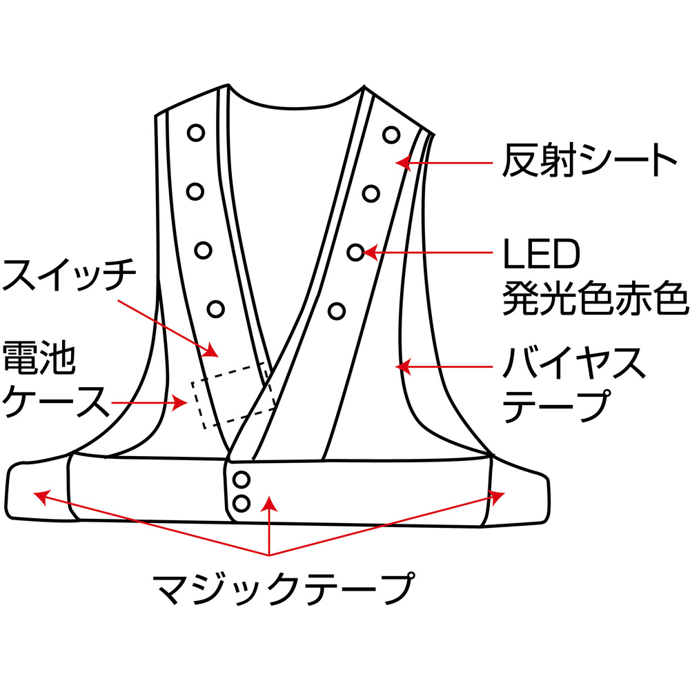 緑十字 LED安全ベスト 黄メッシュ地／赤LED／蛍光黄反射 フリーサイズ