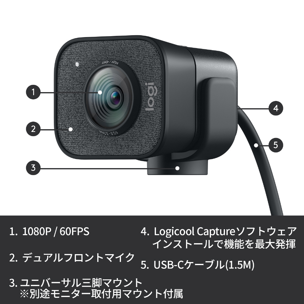 ウェブカメラ マイク内蔵 USB-C接続 StreamCam グラファイト ...