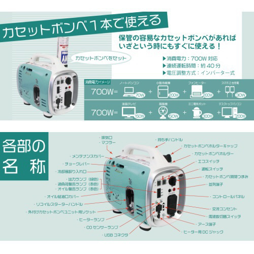 カセットボンベ式携帯発電機 G-cubic ニチネン-