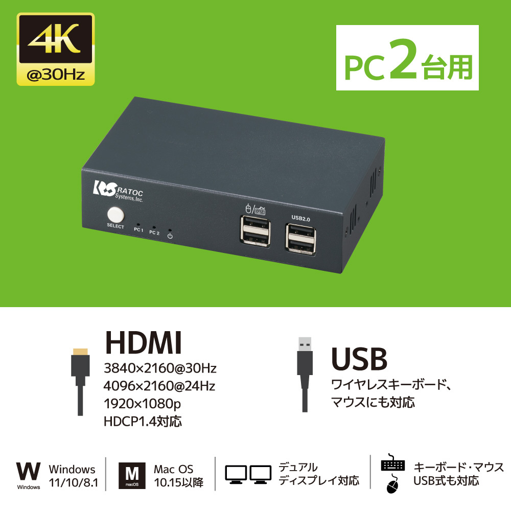 デュアルディスプレイ対応 HDMIパソコン切替器 RS-250UH2 ［2入力 /2出力 /4K対応 /手動］｜の通販はソフマップ[sofmap]