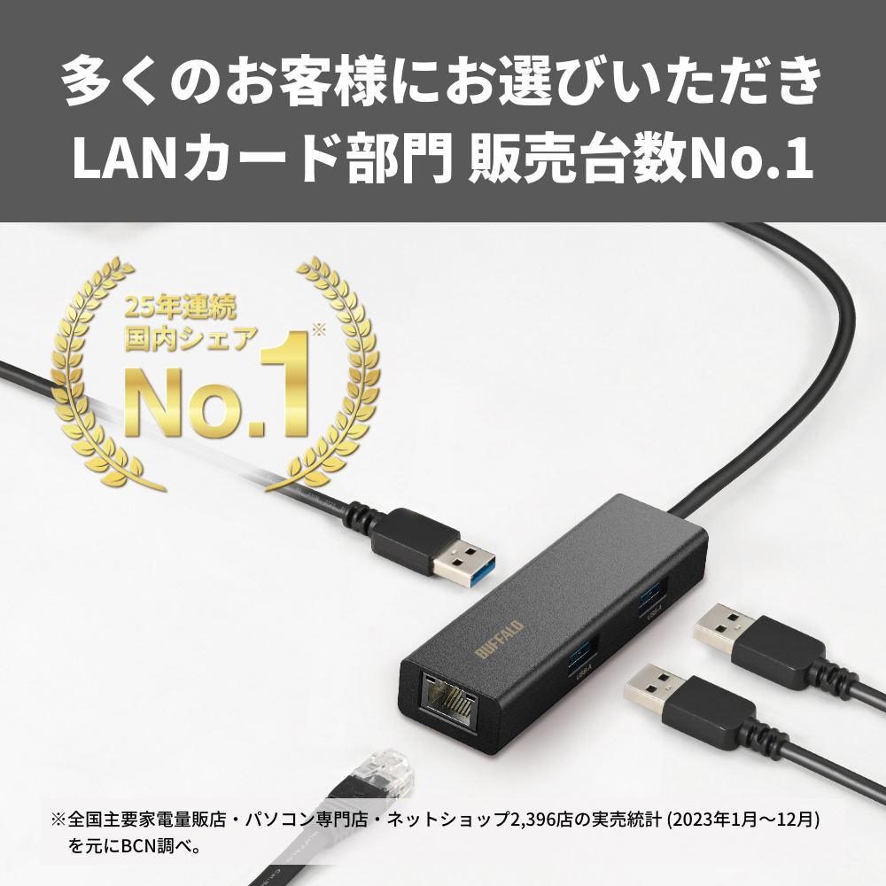 LAN変換アダプタ [USB-A オス→メス LAN /USB-Ax3] 1Gbps対応(Chrome