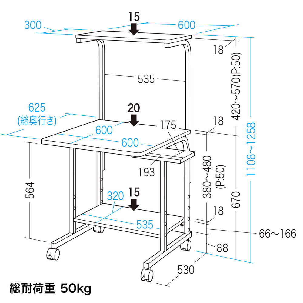 サンワサプライ パソコンラック(W600×D625×H1108~1258mm) RAC-EC31N