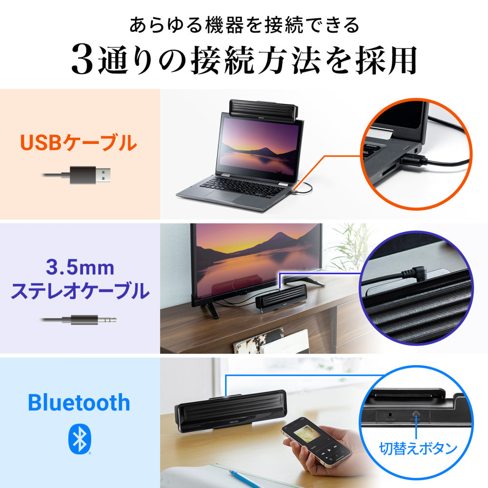 MM-SPBT5BK PCスピーカー Bluetooth/USB-A/3.5mm接続 クリップ式 ［USB