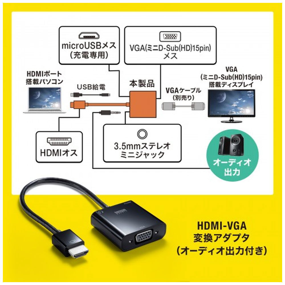 映像変換アダプタ [HDMI オス→メス VGA] micro USBメス給電 /φ3.5mm AD-HD23VGA ［HDMI⇔VGA  /0.2m］｜の通販はソフマップ[sofmap]