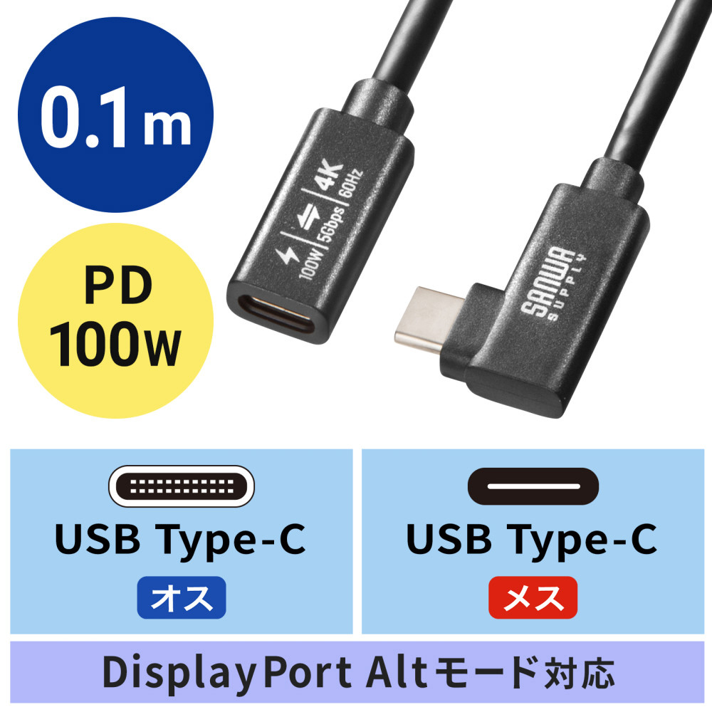 USB-C延長ケーブル [USB-C オス→メス USB-C /映像 /充電 /転送 /0.1m