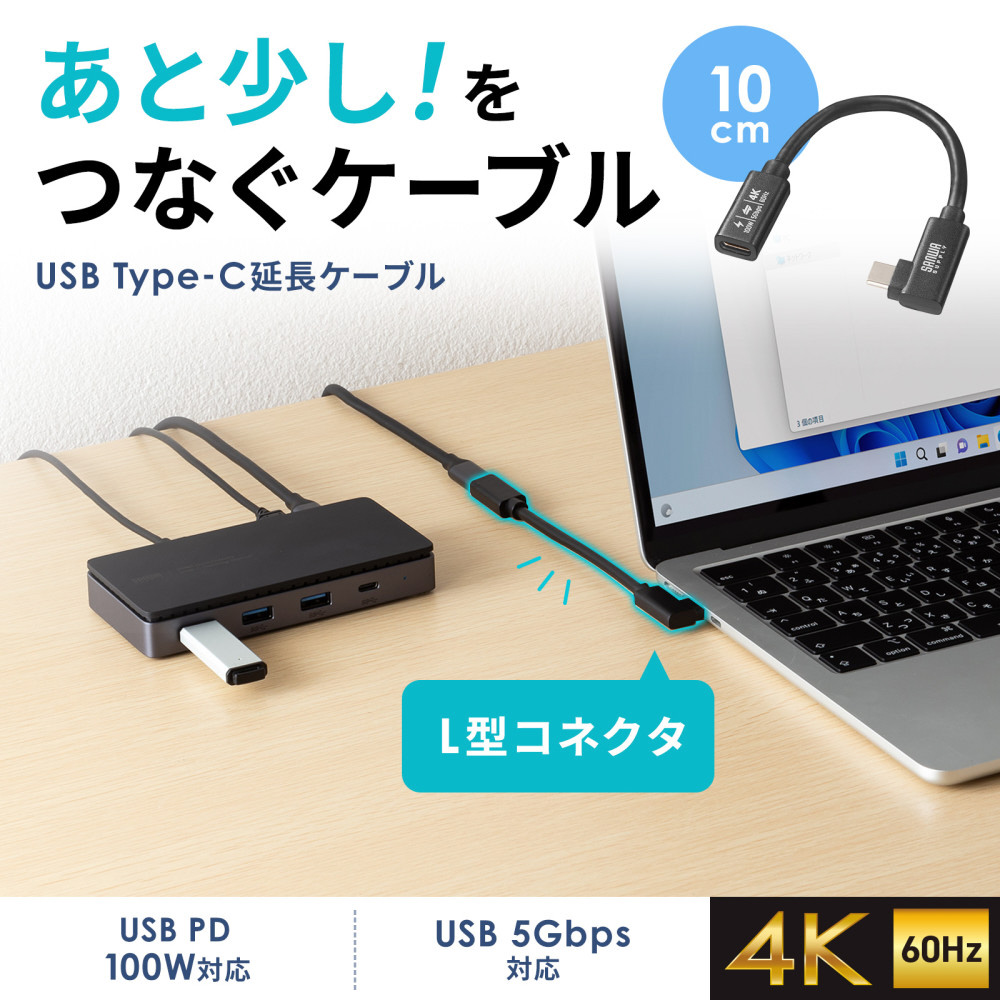 USB-C延長ケーブル [USB-C オス→メス USB-C /映像 /充電 /転送 /0.1m