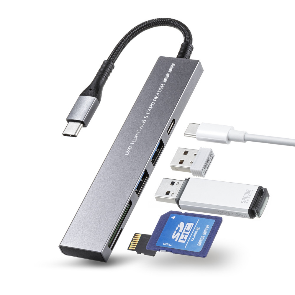 USB-C オス→メス カードスロットｘ2 / USB-Aｘ2 / USB-C］変換 
