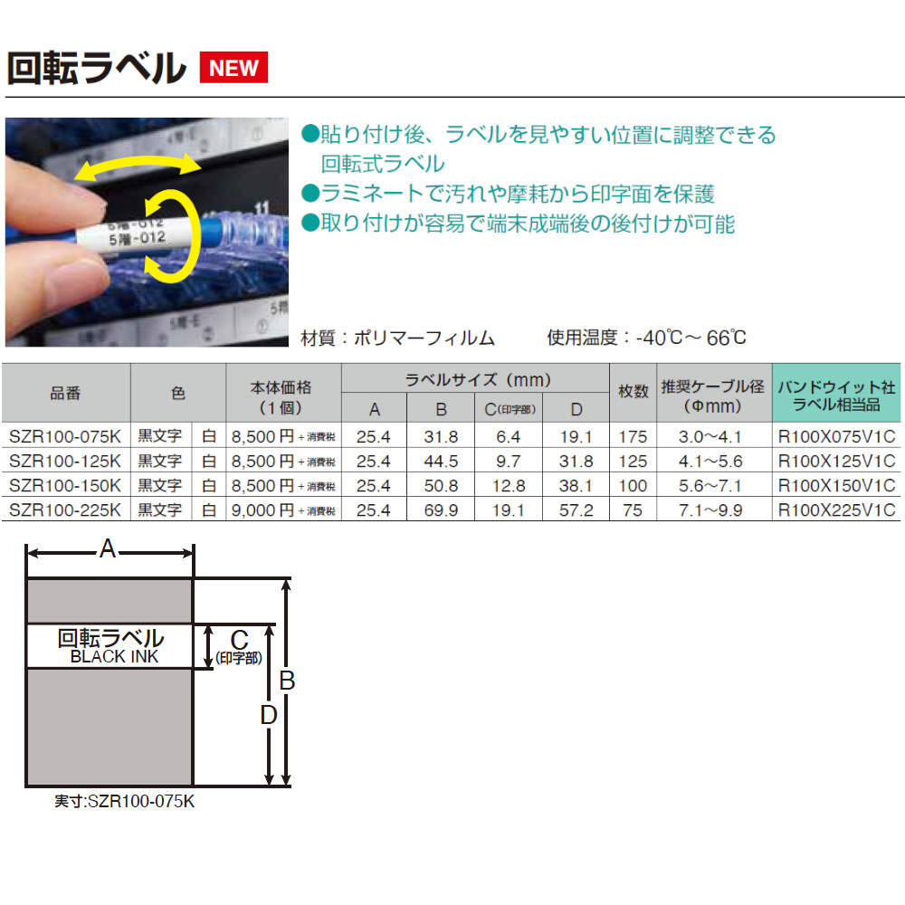 PROテ－プカットラベルPD回転白黒文字 SZR100-075K ［黒文字］｜の通販