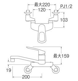 壁付きツーホール/シングルレバー分岐混合栓 K2710E3U13 ［壁付タイプ