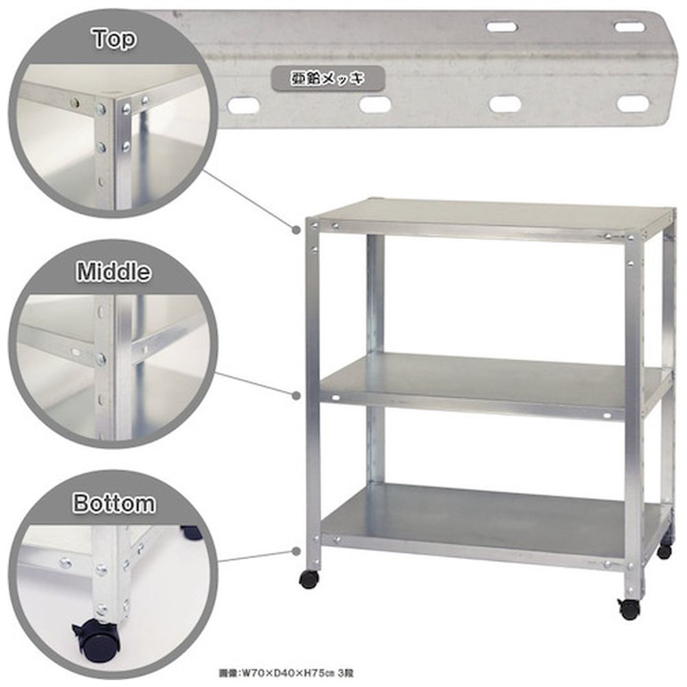 北島　ボルト式棚　キャスター付きタイプ　荷重８０ｋｇ　キャスター付きスマートラック　ＮＳＴＲＫ－３６３－３－Ｚ　３段　亜鉛メッキ　 ９００×２００×９００ NSTRK-363-3-Z