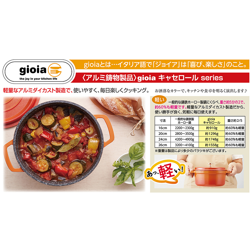 ジョイア ラウンドキャセロール 16cm オレンジ XB0616-OR 万年(Mannen) 両手鍋 キャセロール 16cm オレンジ IH対応 フッ素コート 焦げ付きにくい アルミ鋳物 レシピ付き XB-0616-OR